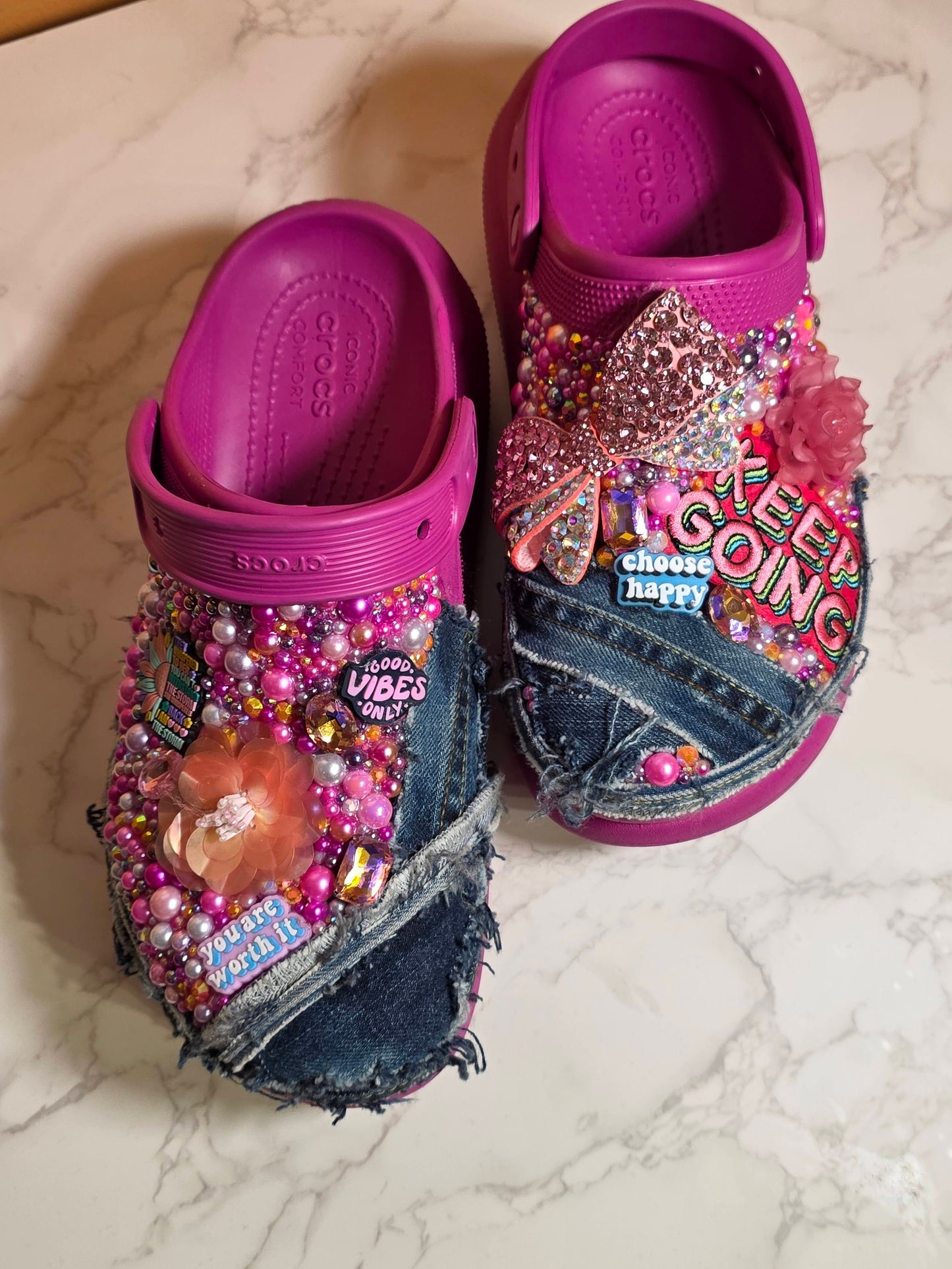 Pink and Jean's Crocs